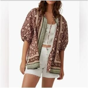 Free People Large Border Batik Top Floral Chestnut Brown Size S EUC